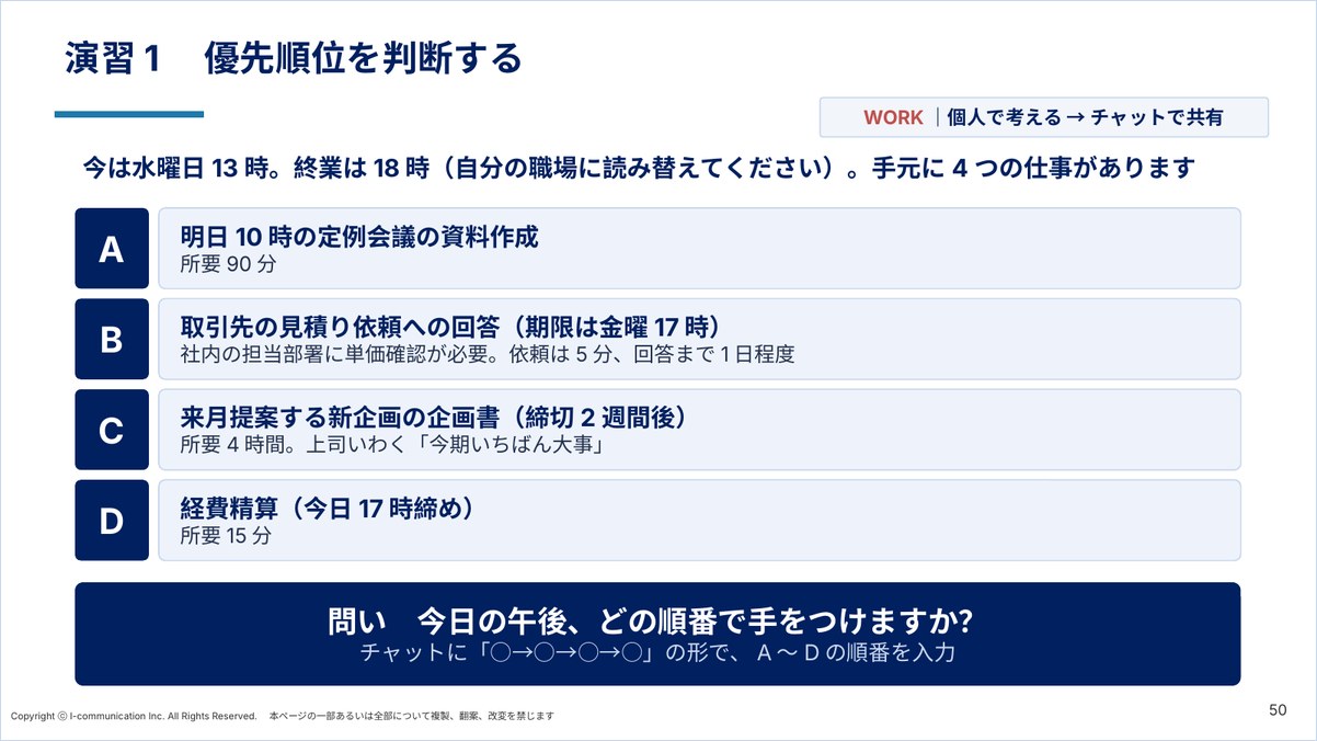 講座テキストの紙面イメージ：演習1 優先順位を判断する